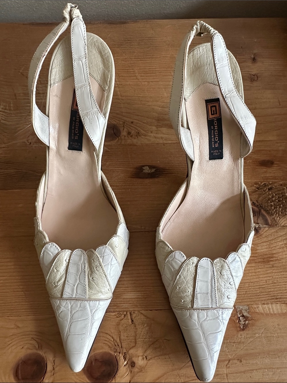 Giorgios of Palm Beach Cream Croc and Ostrich Pointed Slingback Pumps